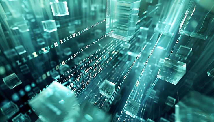 Photo 데이터 흐름과 암호화 과정을 나타내는 반투명한 큐브의 미로를 가로질러 흐르는 이진 코드 스트림