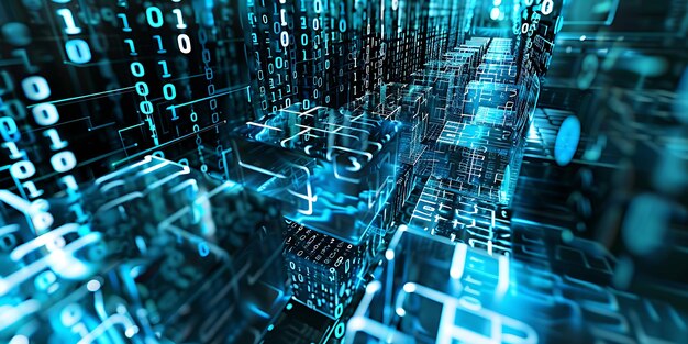 flowing streams of binary code weaving through a maze of translucent cubes representing data flow and encryption processes