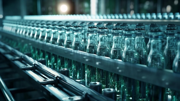 Photo flowing water bottles on conveyor belt