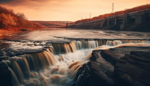 Foto l'acqua che scorre genera elettricità che illumina la bellezza della natura generata dall'intelligenza artificiale