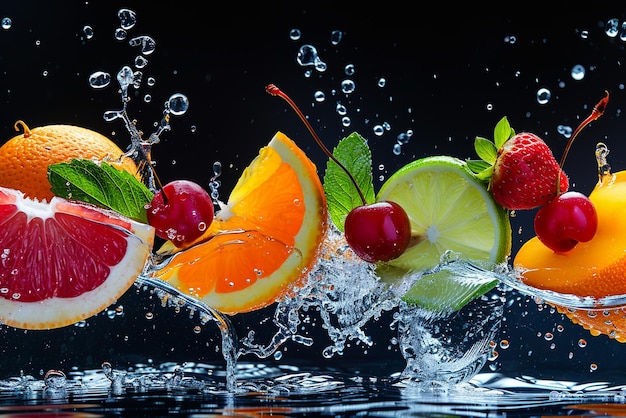 Flowing Water Wave Splash with fruits berries and green leaves on transparent background