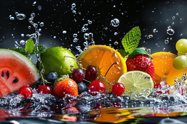 Flowing Water Wave Splash with fruits berries and green leaves on transparent background