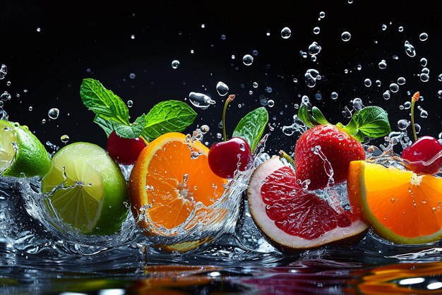 Flowing Water Wave Splash with fruits berries and green leaves on transparent background