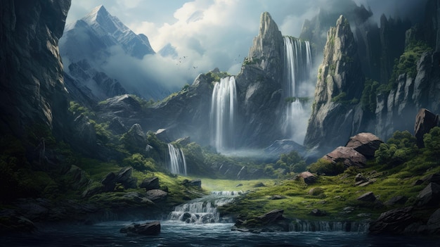 Flowing Waterfall in Mountains