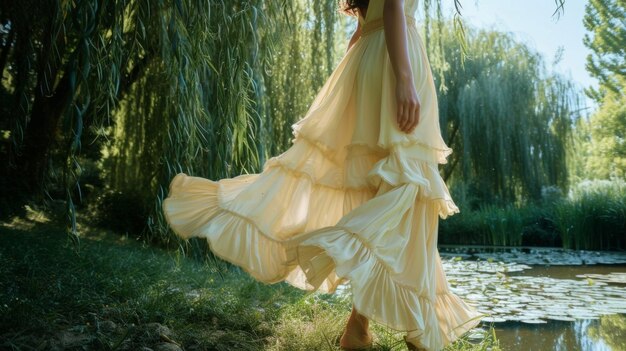 A flowy pale yellow maxi dress with delicate ruffle details resembling the softness and tranquility