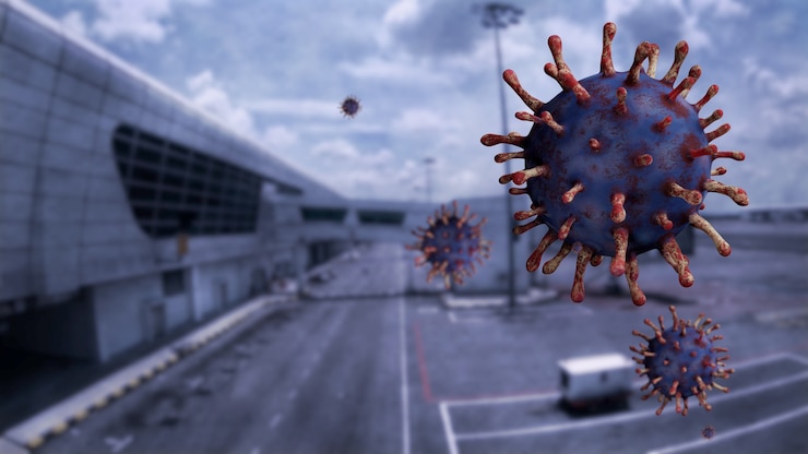 Photo flu coronavirus floating on air at airport gates