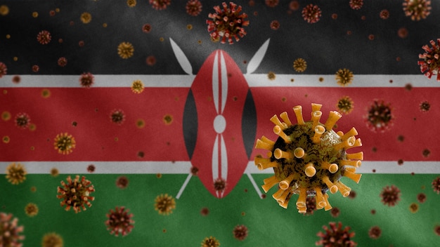 Foto coronavirus influenzale che galleggia sulla bandiera del kenya, agente patogeno che attacca le vie respiratorie