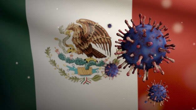 気道を攻撃する病原体であるメキシコの旗の上に浮かぶインフルエンザコロナウイルス。 Covid19ウイルス感染の概念のパンデミックで手を振っているメキシコのバナー。本物の生地の質感の少尉のクローズアップ