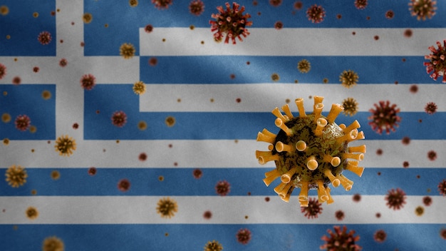 사진 기도를 공격하는 병원체 인 그리스 깃발 위에 떠 다니는 독감 코로나 바이러스.