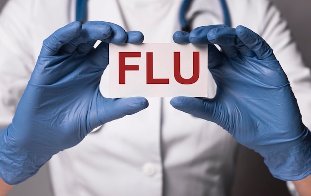 Flu or influenza inscription, word in doctor hands