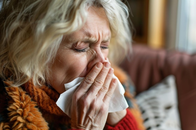 Flu A sick man is blowing her nose into a tissue