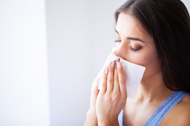 Flu and Sick Woman. Sick Woman Using Paper Tissue, Head Cold Problem