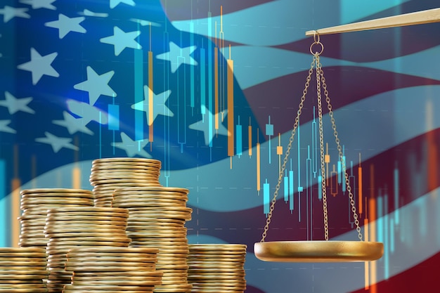 Fluctuations in the value of the US dollar Scales and coins on background of the flag of America