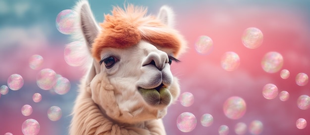 Photo fluffy adorable lama blowing bubblegum generative ai