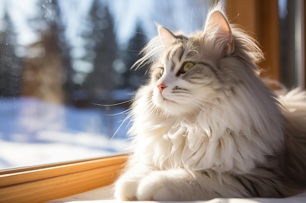 Fluffy adult cat sitting sitting on window sill and watching throuth window on snowy trees Beautiful sunny winter day