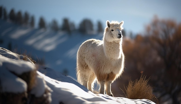 Fluffy alpaca grazing in snowy rural landscape generated by AI