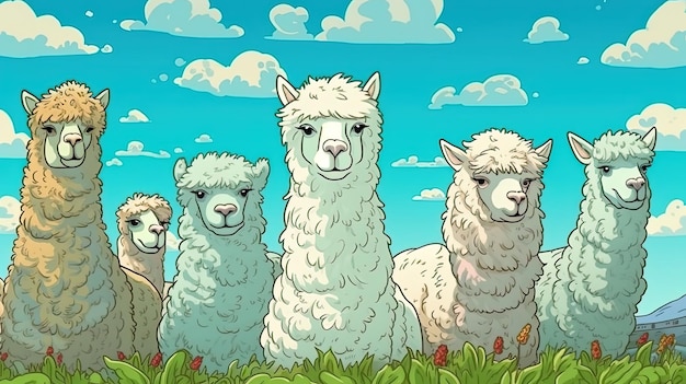 Fluffy alpacas in a green meadow Fantasy concept Illustration painting