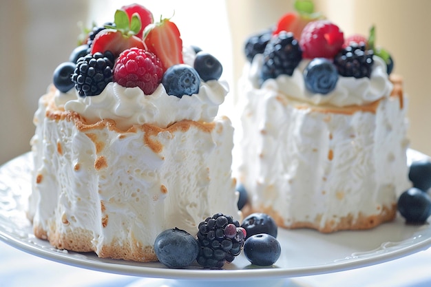 Fluffy angel food cakes topped with whipped cream and berries