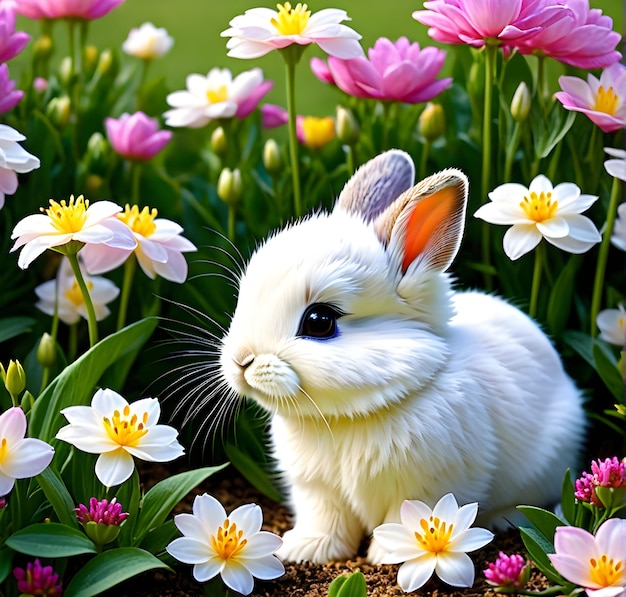 Fluffy baby rabbit sitting on green grass enjoying springtime