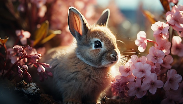 人工知能によって生成された花に囲まれた緑の草原に座っているふわふわの赤ちゃんウサギ