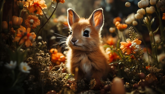 Fluffy baby rabbit sitting in meadow looking at camera generated by artificial intelligence