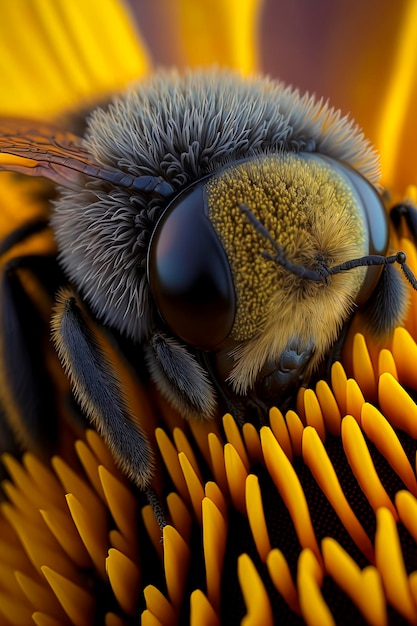 Пушистая пчела на макрофотографии подсолнуха AIGenerated