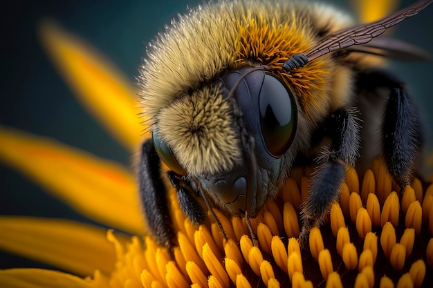 Fluffy Bee on sunflower macrophotography AIGenerated