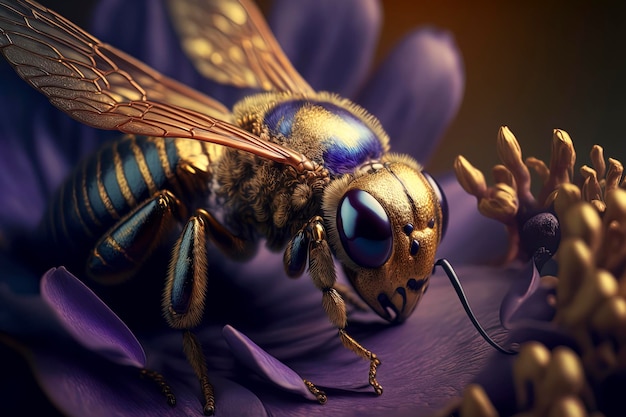 Пушистая пчела с превосходной металлической орхидеей, макрофотография AIGenerated