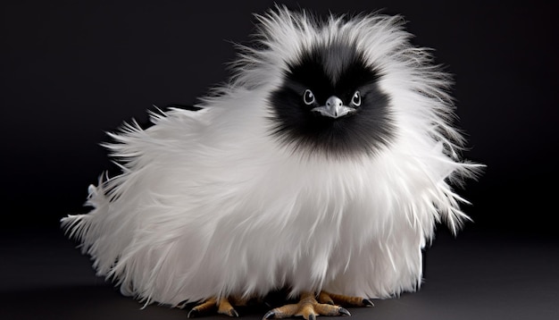 A fluffy bird with a black face and a white feathered head.