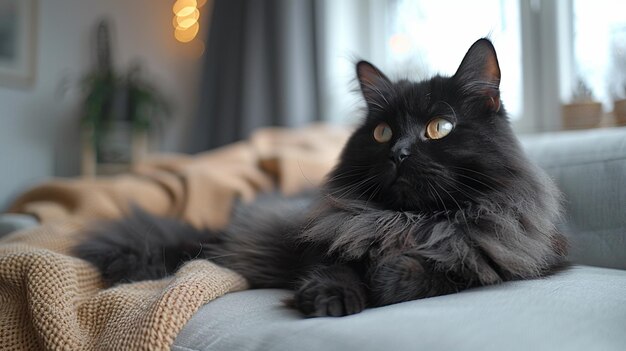 A fluffy black cat lies on the sofa in the living room Caring for a pet cat