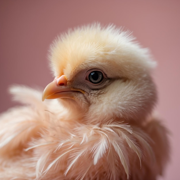 Photo fluffy blossoms closeup of a baby chick on a pastel pink palette