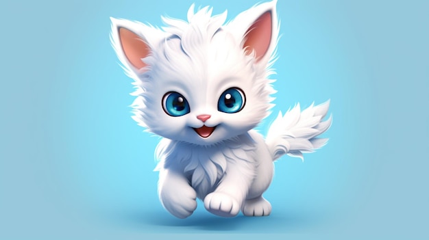 Fluffy blue eyes cute young white kitten character AI generative