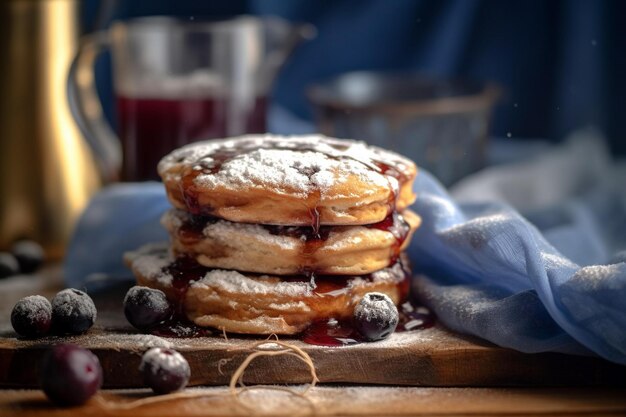 Fluffy Blueberry Pancakes with Syrup and Sugar on Wooden Board