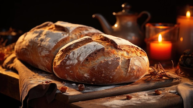 Пушистый хлеб, посыпанный белым сахаром, на деревянном столе с размытым фоном