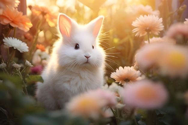 夢のような花の背景を持つ、花々に囲まれたふわふわウサギ