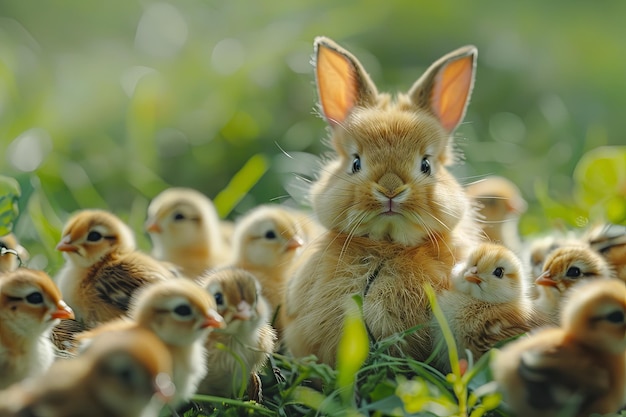 Photo fluffy bunny dressed as a chick complete with a tiny beak and feathers trying to blend in with a group of chirping chicks during an easter egg hunt