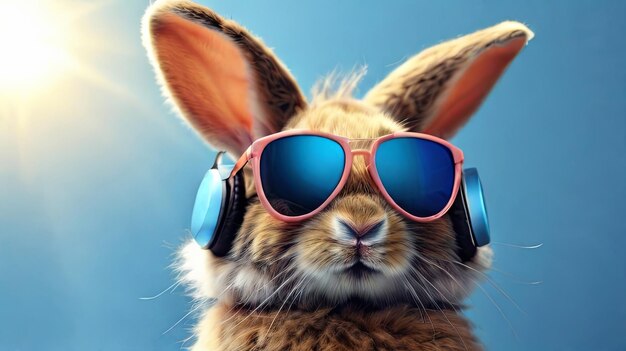 пушистый кролик в наушниках и солнцезащитных очках на синем солнечном фоне
