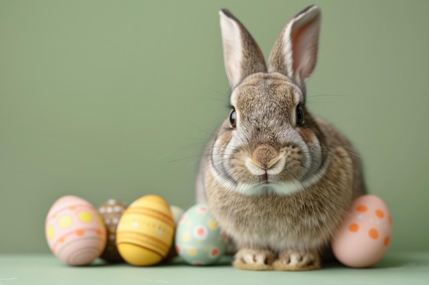 Fluffy bunny sitting among easter eggs