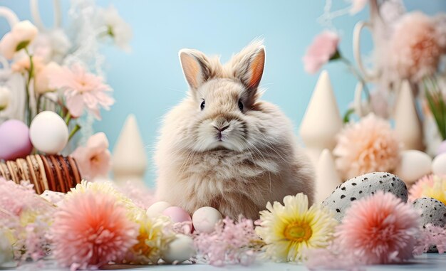 Fluffy bunny with Easter eggs and spring flowers on a light background