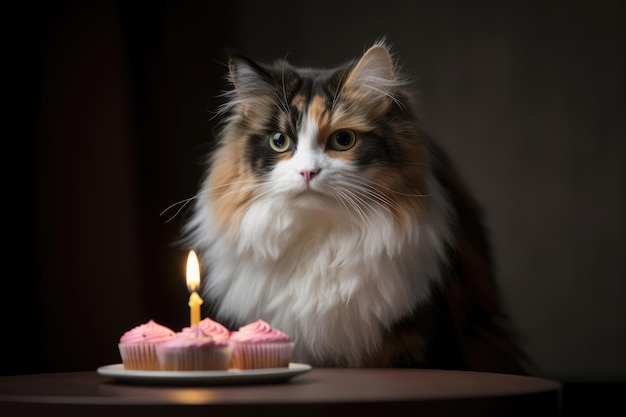 ふわふわ三毛猫の誕生日小さなカップケーキ 生成 ai