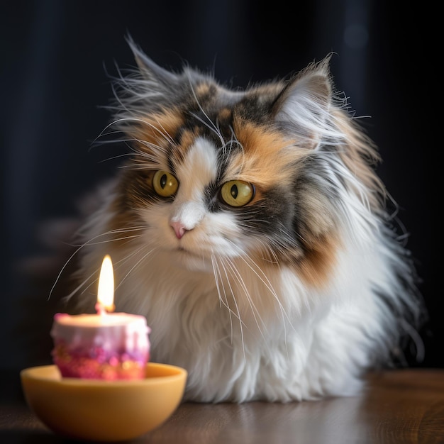 Fluffy calico cat birthday small cupcake generative ai