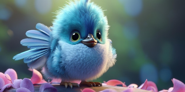 fluffy cartoon hummingbird with big adorable eyes fantasy dreamlike light blue