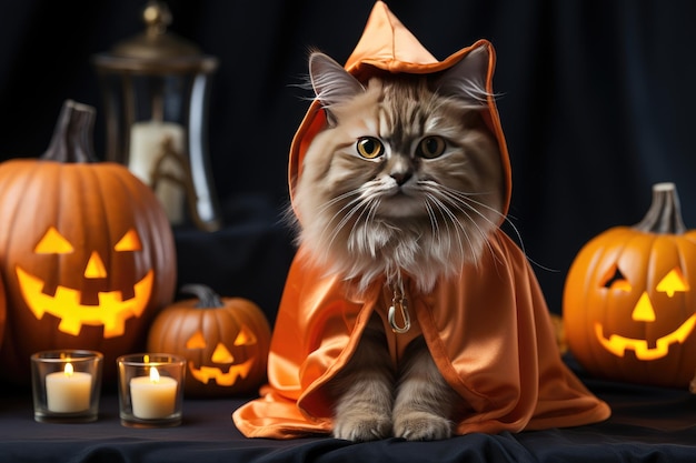 A fluffy cat in a carnival witch's hat sits by Jack's lanterns Halloween pet Generative AI