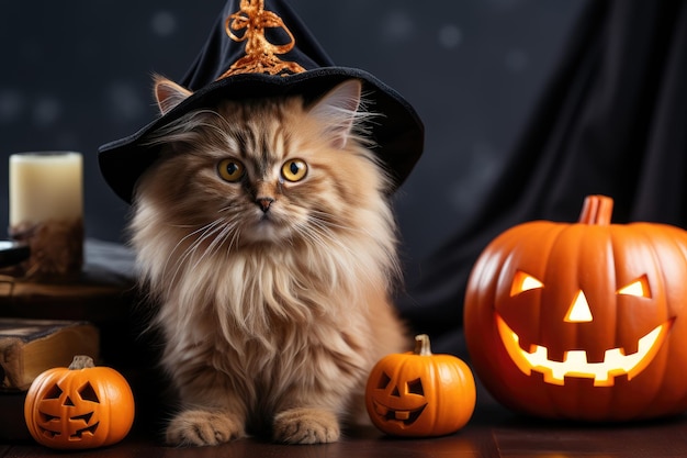 A fluffy cat in a carnival witch's hat sits by Jack's lanterns Halloween pet Generative AI