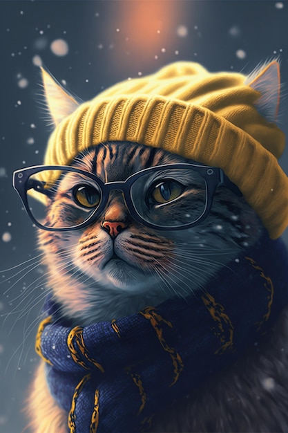 Fluffy cat character in winter warm fashion wardrobe