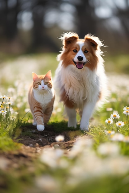 A fluffy cat and a happy dog stroll through a sunny spring meadow