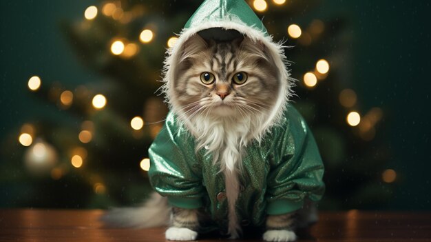 Фото Пушистый кот в праздничном костюме на заднем плане - елка с праздничными огнями генеративный ии