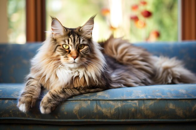 A fluffy cat is laying on a blue couch