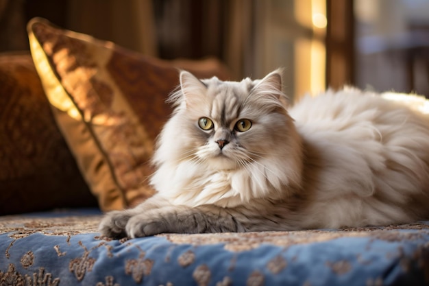 a fluffy cat laying on a couch with a pillow