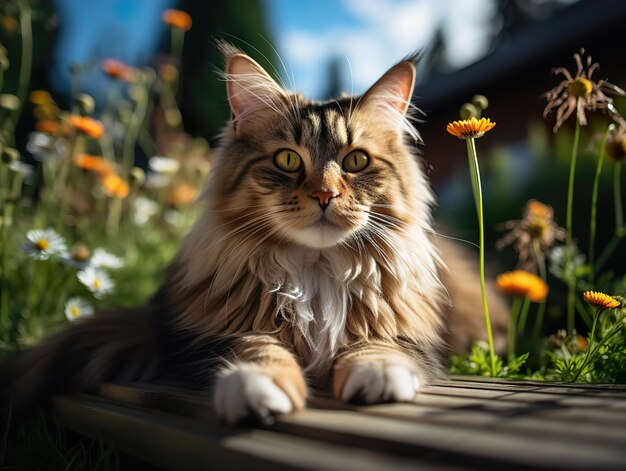 Fluffy cat lies on the grass on a blurred background Generative AI